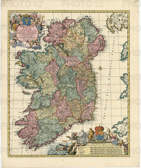 Map, Hiberniae regnum tam in praecipuas Ultoniae, Connaciae, Lageniae, et Momoniae, quam in minores earundem provincias et ditiones subjacentes peraccuraté divisum, Nicolaes Jansz. Visscher (1618-1679), Copperplate print