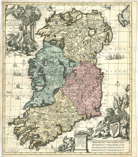 Map, Hyberniae regni in provincias Ultoniam, Connacham, Lageniam, Momoniamq. divisi tabula accuratissima, Carel Allard (1648-1709), Copperplate print
