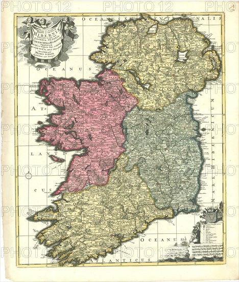 Map, Novissima et accuratissima regni en insulae Hiberniae delineatio, in qua sunt Lagenia, Ultonia, Connachia, et Momonia, provinciae, divisae in triginta duos comitatus qui et sunt divisi in omnes subjacentes baronnatus, Petrus Schenk (1693-1775), Copperplate print