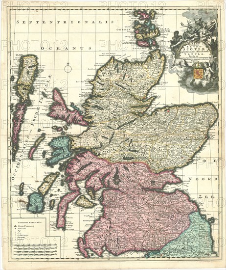 Map, Novissima Regni Scotiae Septentrionalis et Meridionalis tabula divisae in ducatus, comitat. vice-comitat. prov. praefecturas, dominia et insulas, Petrus Schenk (1693-1775), Copperplate print