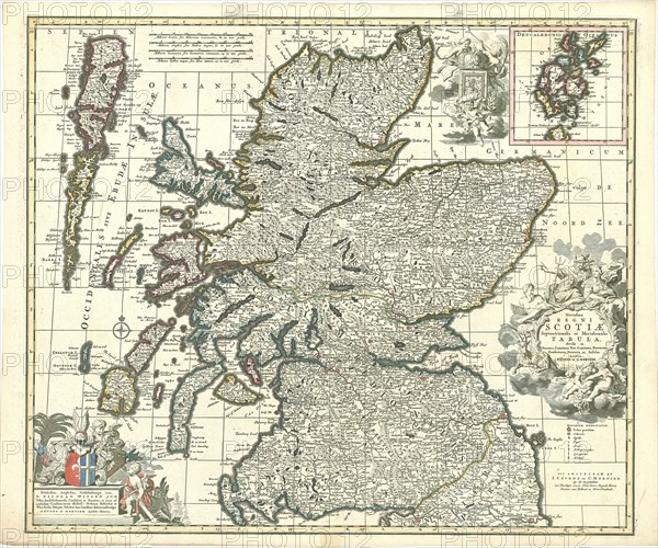 Map, Novissima Regni Scotiae Septentrionalis et Meridionalis tabula, divisae in ducatus, comitatus, vice-comitatus, provincias, praefecturas, dominia et insulas, Johannes Covens (1697-1774), Copperplate print