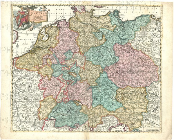Map, Nova et denuo correcta Germaniae tabula, comprehendens X circulos, Regnum Bohemiae, ac universum Helvetiam; cum coeteris regionibus in annexis, Carel Allard (1648-1709), Copperplate print