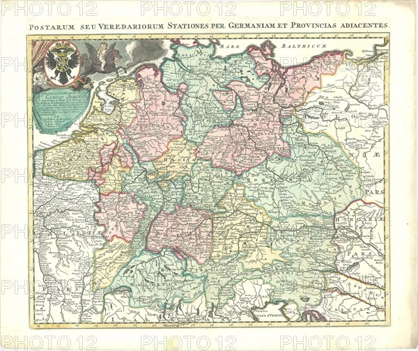 Map, Postarum seu veredariorum stationes per Germaniam et provincias adiacentes, Petrus Schenk (1693-1775), Copperplate print