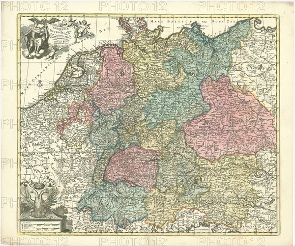 Map, Germaniae vulgo Duitschland, tabula comprehendens accuratam X. circulorum Bohemiae Regni ac Universae Helvetiae descriptionem cum divisione in caeteras partes, Jan Barend Elwe (1746-1816), Copperplate print