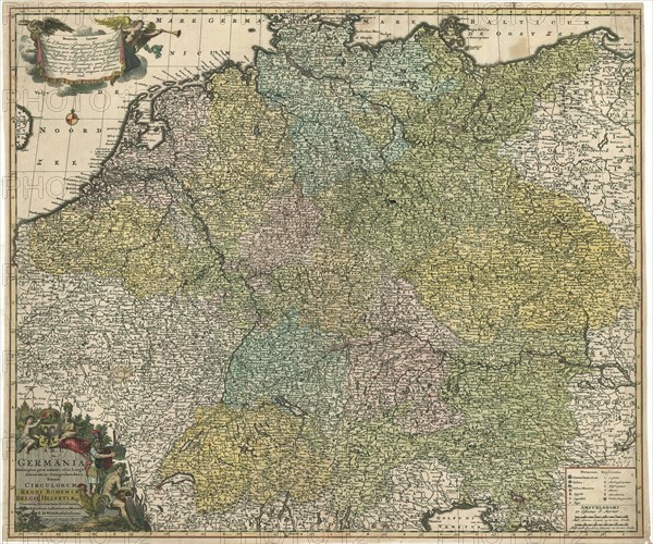 Map, S.R.I. in Germania descriptio præ cæteris aliis longe' accuratior, comprehendens, novem circulorum Regni Bohemiæ Belgii, Helvetiæque Uneversæ, distinctam divisionem cum subdivisione in provincias minores, Frederick de Wit (1610-1698), Copperplate print