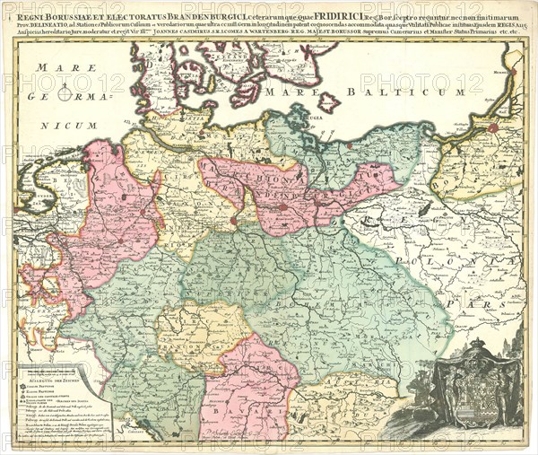 Map, Regni Borussiae et Electoratus Brandenburgici, ceterarumque, quae Friderici, reg. Bor. sceptro reguntur, nec non finitimarum prov. delineatio, Copperplate print