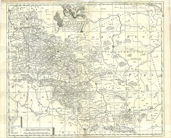 Map, Mappa geographica exactissima continens Imperatoris Hæreditarium Dominium Silesiam, nec non eiusdem Provincias interiores Ducatus, Comitatus, Baronatus etc., Petrus Schenk (1693-1775), Copperplate print