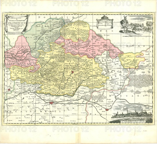 Map, Ducatus in Silesia Inferiore Olsnensis novissima delineatio Wratislaviæ, Copperplate print