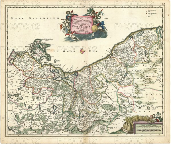 Map, Serenissimo, celsissimo ac invictissimo principi Frederico Guiljelmo, D.G. Marchioni Brandenburgico, S.R.I. electori et archicamerario, etc. Pomeraniae ultori, victori, duci ac reduci hanc Pomeraniae ducatus tabulam, Nicolaes Jansz Visscher (1618-1679), Copperplate print