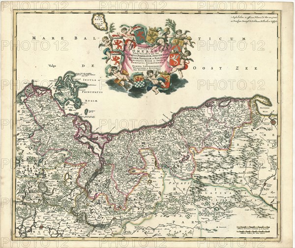 Map, Ducatus Pomeraniae tabula generalis, in qua sunt ducatus Pomeraniae, Stettinensis, Cassubiae, Vandaliae et Bardensis, pincipatus Rugiae ac insulae, comitatus Guskoviensis, et dominia Louwenburgense Wolgastense et Butoviense, Frederick de Wit (1610-1698), Copperplate print