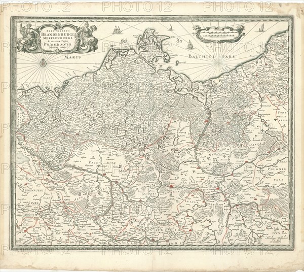 Map, Electoratvs Brandenburgi, Mekelenburgi, et maximæ partis Pomeraniæ novissima tabula, Copperplate print