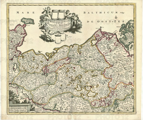 Map, Ducatus Meklenburgicus in qúo súnt ducatus Vandaliae et Meklenburgi comitatus et episcopatus Swerinensis Rostochiense et Stargardiense domin., Frederick de Wit (1610-1698), Copperplate print