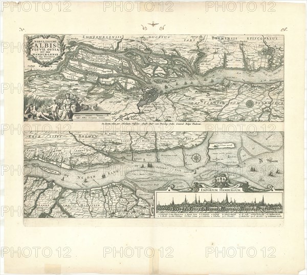 Map, Nobilissimi Albis fluvii Ostia, nec non Hamburgense et alia Territoria adiacentia, Copperplate print