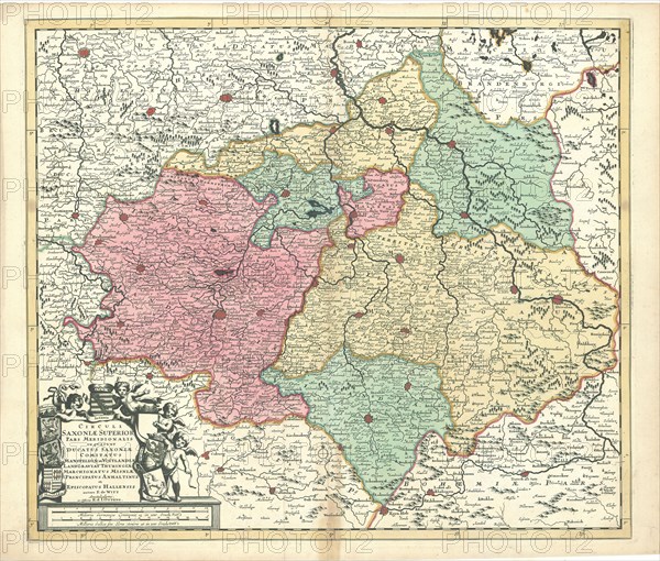 Map, Circuli Saxoniae superioris pars meridionalis in qua sunt ducatus Saxoniae comitatus Mansfeldiae et Voitlandiae landgraviat Thuringiae, marchionatus Misniae principatus Anhaltinus et episcopatus Hallensis, Frederick de Wit (1610-1698), Copperplate print