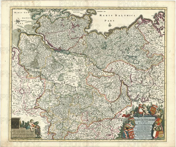 Map, Circulus Saxoniae inferioris in quo sunt ducatus Holsatiae, Mecklenburgi, Lauwenburgi, Luneburgi, Brunsuigi, Bremae et Ferdae, comitatus Dannebergi, archiepiscopatus Maegdenbirgensis, episcopatus Hildesiae et Halberstad, Frederick de Wit (1610-1698), Copperplate print