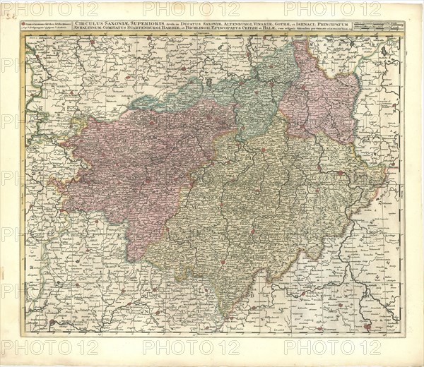 Map, Circulus Saxoniae Superioris, divisa in ducatus Saxoniae, Altenburgi, Vinariae, Gothae, et Isenaci: principatum Anhaltinum: comitatus Suartenburgi, Barbiae, et Bichlingii; episcopatus Ceitzii et Halae, cum reliquis ditionibus, Gerhard Valk (-1726), Copperplate print