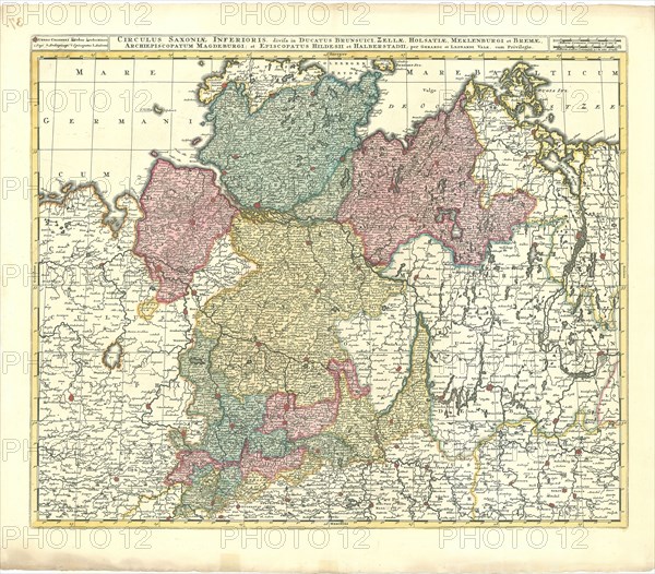 Map, Circulus Saxoniae Inferioris, divisa in ducatus Brunsuici, Zellae, Holsatiae, Meklenburgi et Bremae, archiepiscopatum Magdeburgi, et episcopatus Hildesii et Halberstadii, Gerhard Valk (-1726), Copperplate print