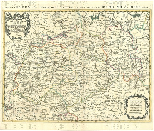 Map, Circuli Saxoniae superioris pars meridionalis in qua sunt ducatus Saxoniae comitatus Mansfeldiae et Voitlandiae landgraviat Thuringiae, marchionatus Misniae principatus Anhaltinus et episcopatus Hallensis, Frederick de Wit (1610-1698), Copperplate print