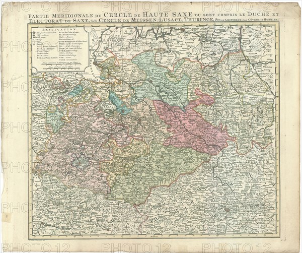 Map, Partie meridionale du cercle de Haute-Saxe ou sont compris le duché et electorat de Saxe, le cercle de Meissen, Lusace, Thuringe &cc., Leonardus Schenk (1732-1800), Copperplate print