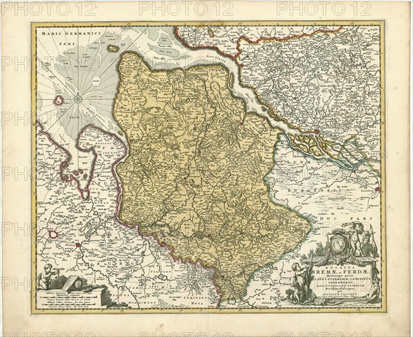 Map, Ducatus Bremae et Ferdae, maximaeque partis ducatus Stormariae, comitatus Oldenburgi, Albis, Visurgisque fluminum novissima descriptio, Nicolaes Jansz Visscher (1618-1679), Copperplate print