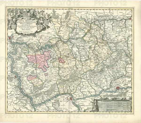 Map, Nassovia principatus, cum omnibus ei pertinentibus comitatibus dominiiis, ac praefecturis, ut et confiniis intrá Lahnum, Rhenum et Moenum flumina, Johannes Jacobus Stetter, Copperplate print