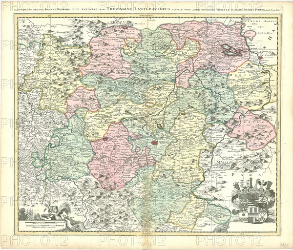 Map, Illustrissimo principi Ioanni Georgio fuci Saxoniae hanc Thuringiae Lantgraviatus tabulam omni animi devotione offert et inscribit Petrus Schenk, Copperplate print