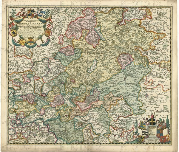 Map, S. R. I. Pars septentrionalior superioris Circuli Rhenani in quo sunt landgraviatus Hasso-Casselensis, Darmstadiensis et Rhenofeldensis, abbatia Fuldensis, principatus Waldeck et Hirschfelt ... urbes imperiales Francofurti, Fridbergae, et Westflariae, Frederick de Wit (1610-1698), Copperplate print