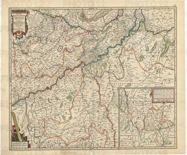 Map, Ducatus Iuliacensis, Cliviensis, Montensis:, Nicolaes Jansz Visscher (1618-1679), Copperplate print