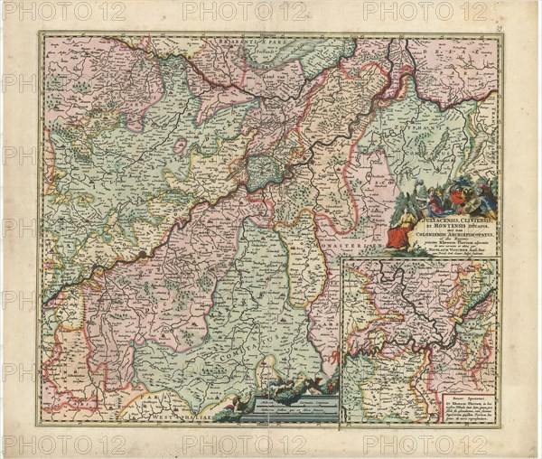Map, Juliacensis, Cliviensis, et Montensis ducatus, nec non Coloniensis archiepiscopatus, et aliae regiones proxime Rhenum fluvium adjacentes, Nicolaes Jansz. Visscher (1618-1679), Copperplate print