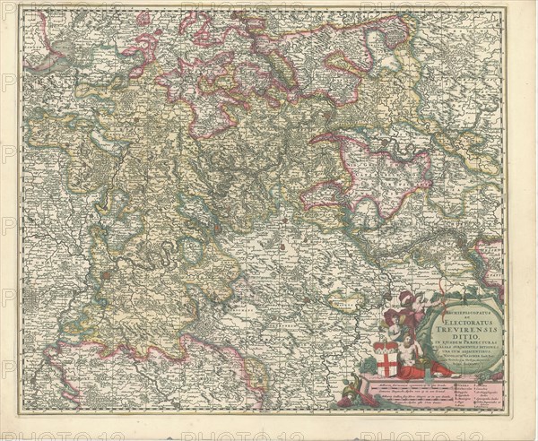 Map, Archiepiscopatus ac electoratus Trevirensis ditio, in ejusdem praefecturas et alias subjacentes ditiones, una cum adjacentibus, Nicolaes Jansz. Visscher (1618-1679), Copperplate print