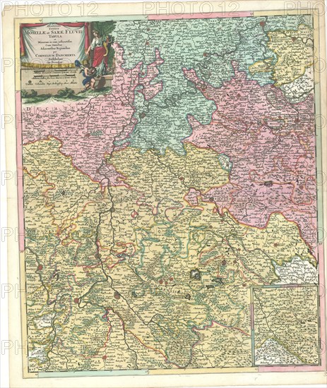 Map, Exactissima totius Mosellae et Sarae fluvii tabula et minorum in eum influentisim cum omnibus adjacentibus regionibus per Cornelium Danckerts, Cornelis Danckerts (1664-1717), Albert Schut, Copperplate print