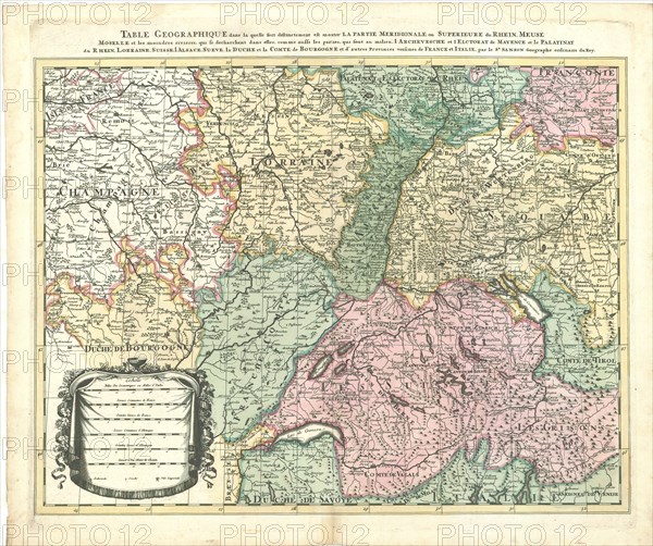 Map, Le cours de la rivière du Rhein depuis sa source jusques à son embouchure ou sont distingués toutes les estats et souverainetés, Nicolas Sanson (1600-1667), Copperplate print