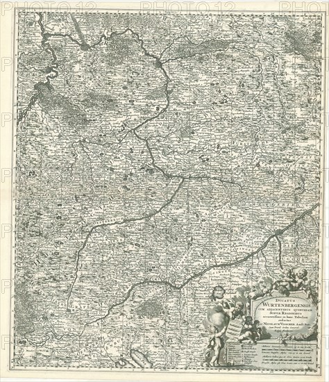 Map, Ducatus Wurtenbergensis cum adjacentibus quibusdam Sueviae regionibus, Nicolaes Jansz. Visscher (1618-1679), Copperplate print