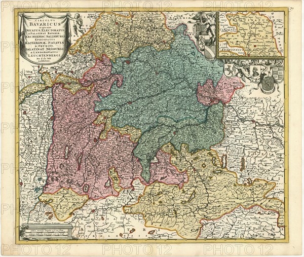 Map, Circulus Bavaricus in quo sunt ducatus, electoratus, & palatinat Bavariae, archiepisc. Salisburgi, episcopatus Ratisbonae, Pataviae & Fruxini, paltinat Neoburgi & landgraviatus Leuchtenbergi, Frederick de Wit (1610-1698), Copperplate print