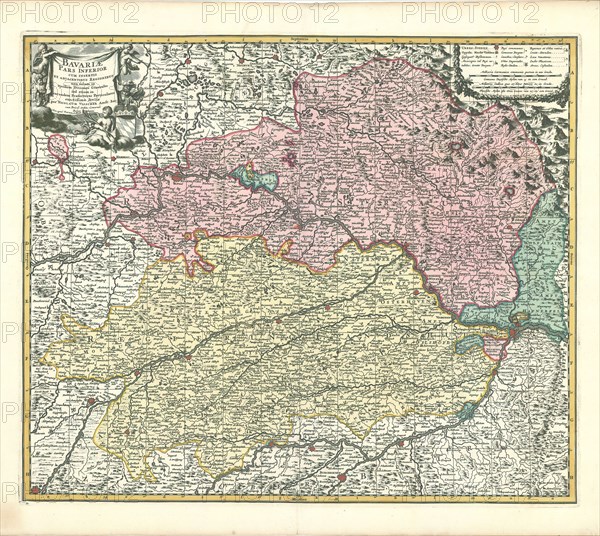 Map, Bavariae pars inferior cum insertis et adjacentibus regionibus non solum in ejusdem ditiones generales sed etiam in earundem praefecturas particulares exactissime divisa, Nicolaes Jansz Visscher (1618-1679), Copperplate print