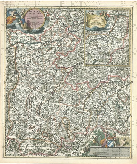 Map, Bavariae pars superior cum insertis et adjacentibus regionibus non solum in ejusdem ditiones generales sed etiam in earundem praefecturas particulares exactissime divisa, Nicolaes Jansz. Visscher (1618-1679), Copperplate print