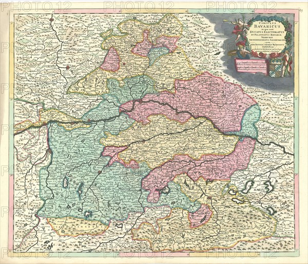 Map, Circulus Bavaricus in quo sunt ducatus electoratus et palatinatus Bavariae Neoburgi archiepiscopatus Salisburgi etc cum adjacentibus insertis regionibus, Copperplate print