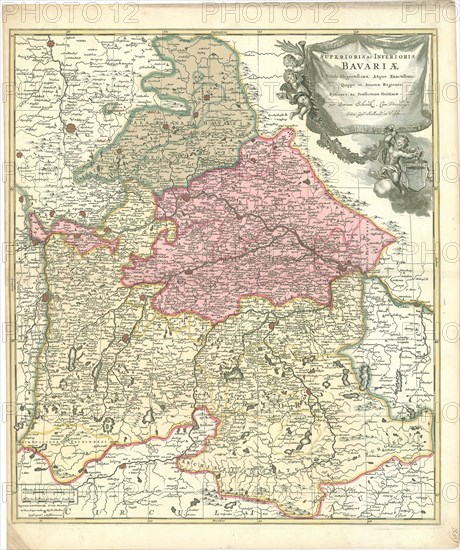 Map, Superioris ac Inferioris Bavariae tabula elegantissima atque exactissima quippe ei annexae regiones, ditiones, ac praefecturae finitimae, Petrus Schenk (1693-1775), Copperplate print