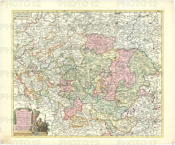 Map, Nova atque exacta Franconiae tabula, in ditiones praeturas et praefecturas, Petrus Schenk (1693-1775), Copperplate print
