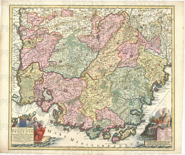 Map, Comté et Gouvernement General de Provence divise en ses senechaussees et viguerie avec les terres adjacentes scavoir la principaute d’Orange le comtat Venaisin etc. Dressez sur le Memoires les plus Nouveaux A. Schut. Schulpsit, Albert Schut, Copperplate print