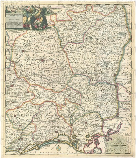 Map, Le theatre de la guerre dans les Sevennes avec les montagneet les plaines des environs de Languedoc Nieuwe caart van de Sevennes in Languedoc, Copperplate print