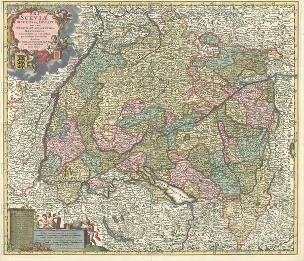 Map, S. R. I. Sueviæ circulus atque ducatus una cum insertis et adjacentibus regionibus accuratissime in earundem particulares Provincias divisum, Nicolaes Jansz. Visscher (1618-1679), Copperplate print