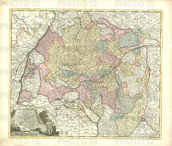 Map, Circulus Suevicus complectens omnes status subdivisos ex quibus constat, Gerhard Valk (-1726), Copperplate print