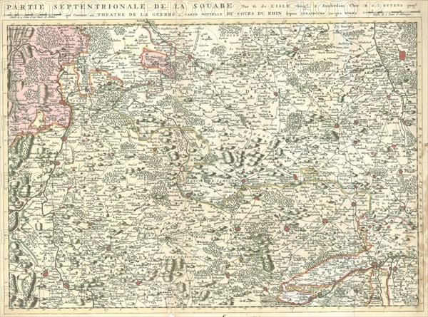 Map, Grand theatre de la guerre sur les frontieres de France & d'Allemagne ou carte nouvelle du cours du Rhin et des païs circonvoisins contenant la Haute & Basse Alsace, ..., Guillaume Delisle (1675-1726), Copperplate print