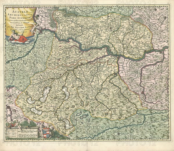 Map, Austriae archiducatus pars superior in omnes ejusdem quadrantes ditiones accuratissime ét distincté delineata, Nicolaes Jansz. Visscher (1618-1679), Copperplate print