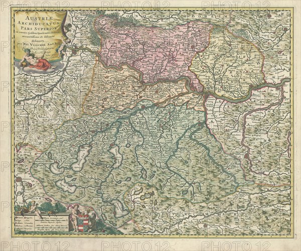 Map, Austriae archiducatus pars superior in omnes ejusdem quadrantes ditiones accuratissime ét distincté delineata, Nicolaes Jansz. Visscher (1618-1679), Copperplate print