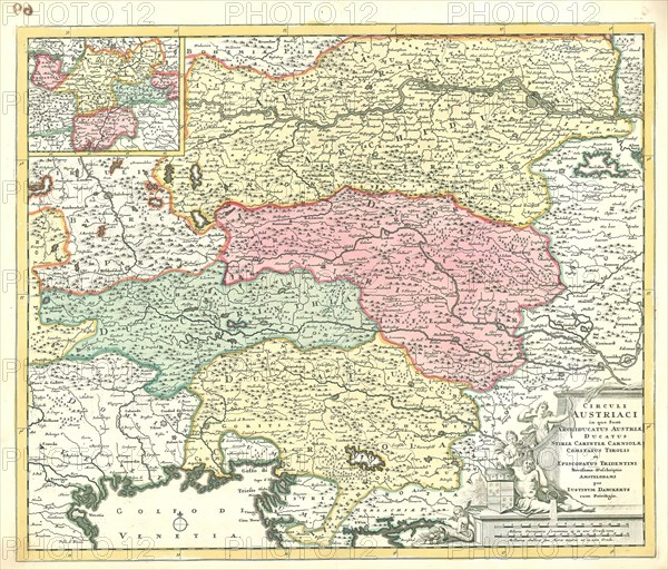 Map, Circuli Austriaci in quo sunt archiducatus Austriae ducatus Stiriae Carintiae Carniolae Comitatus Tirolis et episcopatus Tridentini novissima deschriptio, Justus Danckerts (1635-1701), Copperplate print