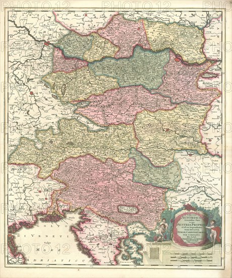 Map, Circuli Austriaci orientalior pars in qua Austria propria et ab ea dependentes, tum ducatus, Stiriae, Carintiae, Carniola tum comitatus, hisce inclusi Cillensis et Goritiae singuli subdivisi, Gerhard Valk (-1726), Copperplate print