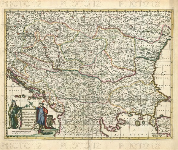 Map, Nova totius Hungariae, Transilvaniae, Serviae, Romaniae, Bulgariae, Walachiae, Moldaviae, Sclavoniae, Croatiae, Bosniae, Dalmatiae, maximaeqpartis Danubii fluminis, descriptio, Frederick de Wit (1610-1698), Copperplate print