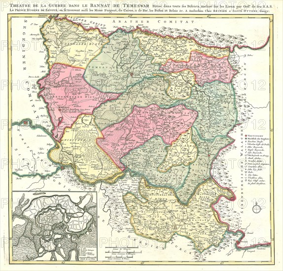 Map, Theatre de la guerre dans Le Bannat de Temeswar divisé dans touts ses districts, mesuré sur les lieux per Ord.e de feu S.A.S le prince Eugene de Savoye, ou se trouvent aussi mines d'argent, de cuivre, & de fer, les postes et relais &c., Copperplate print